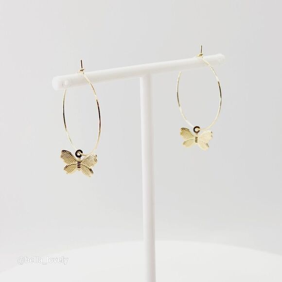 Lightweight Gold Toned Hoop Earrings with Drop Dangle Butterfly - Picture 1 of 3